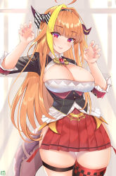 Rule 34 | 1girl, absurdres, bad id, bad pixiv id, blush, bow, breasts, cleavage, diagonal-striped bow, dragon girl, dragon horns, dragon tail, highres, hololive, horn bow, horn ornament, horns, kiryu coco, kiryu coco (1st costume), large breasts, long hair, looking at viewer, muka tsuku, nail polish, orange hair, paw pose, purple eyes, single thighhigh, skirt, smile, solo, tail, thigh strap, thighhighs, virtual youtuber