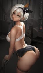 Rule 34 | 1girl, arched back, arm support, ass, back, bea (pokemon), black hairband, black shorts, breasts, closed mouth, creatures (company), dark-skinned female, dark skin, from side, game freak, grey eyes, grey hair, gym, gym equipment, hair between eyes, hairband, looking at viewer, medium breasts, meekohopanes, nintendo, patreon username, pokemon, pokemon swsh, short hair, short shorts, shorts, sideboob, solo, sports bra, thigh strap, weights, white sports bra