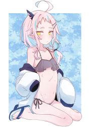 Rule 34 | 1girl, ahoge, azuma shino, bare shoulders, bikini, blue hair, blue nails, blush, child, collarbone, expressionless, flat chest, full body, grey bikini, hair ornament, hairclip, highres, horns, jacket, long hair, looking at viewer, low-tied long hair, multicolored hair, nail polish, navel, off shoulder, open clothes, open jacket, original, pink hair, pointy ears, repi (azuma shino), short eyebrows, side-tie bikini bottom, side ponytail, single horn, sitting, sleeves past fingers, sleeves past wrists, slippers, solo, swimsuit, toenail polish, toenails, two-tone background, two-tone hair, wariza, yellow eyes