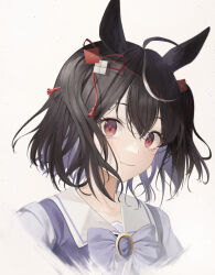 1girl absurdres ahoge animal_ears black_hair blue_bow blue_bowtie border bow bowtie closed_mouth collarbone commentary cropped_shoulders dated_commentary ear_ribbon fading_border hair_ornament hair_ribbon highres horse_ears horse_girl isolatediev kitasan_black_(umamusume) light_smile looking_at_viewer multicolored_hair portrait red_eyes red_ribbon ribbon sailor_collar school_uniform serafuku short_hair solo streaked_hair tassel tassel_hair_ornament three_quarter_view tracen_school_uniform two-tone_hair two_side_up umamusume white_background white_hair white_sailor_collar