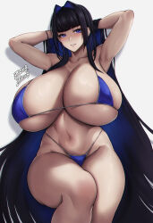 Rule 34 | 1girl, alternate breast size, armpits, arms behind head, artist name, bikini, black hair, blue bikini, blue eyes, blue hair, blush, breasts, cleavage, collarbone, cowboy shot, curvy, gigantic breasts, groin, hair intakes, highleg, highleg bikini, highres, hololive, hololive english, huge breasts, long hair, looking at viewer, navel, one leg raised, ouro kronii, parted lips, plump, shiny skin, sidelocks, signature, skindentation, smile, solo, standing, swimsuit, thick thighs, thighs, underboob, very long hair, virtual youtuber, wide hips, zer0.zer0