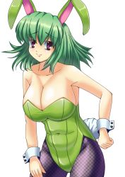 Rule 34 | 1girl, animal ears, bow, bowtie, breasts, rabbit ears, rabbit tail, cleavage, easily, female focus, fishnet pantyhose, fishnets, green eyes, highres, kazami yuuka, large breasts, leotard, pantyhose, playboy bunny, purple eyes, short hair, smile, solo, tail, touhou