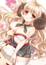 Rule 34 | 10s, 1girl, anila (granblue fantasy), animal, areola slip, bare shoulders, black skirt, blonde hair, blunt bangs, blush, breasts, chestnut mouth, cleavage, cross, detached collar, draph, eyebrows, female focus, granblue fantasy, horns, large breasts, long hair, looking at viewer, midriff, miniskirt, navel, nipple slip, nipples, orange hair, pleated skirt, pulled by self, red ribbon, ribbon, ribbon-trimmed skirt, ribbon trim, rinka (yuyutei), sheep, sheep horns, skirt, solo, stomach, thighhighs, top pull, very long hair, white thighhighs, yellow eyes, zettai ryouiki