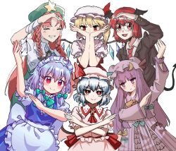 Rule 34 | 6+girls, adapted costume, arm up, beret, bespectacled, blue hair, braid, bright pupils, closed eyes, covering own mouth, demon tail, embodiment of scarlet devil, flandre scarlet, glasses, grin, hat, hat ornament, head wings, hong meiling, izayoi sakuya, jacket, koakuma, long hair, looking at viewer, mob cap, multiple girls, patchouli knowledge, purple eyes, purple hair, rbfnrbf (mandarin), red eyes, red hair, remilia scarlet, round eyewear, short hair, simple background, sketch, smile, star (symbol), star hat ornament, suit jacket, tail, touhou, twin braids, v-shaped eyebrows, very long hair, white background, white pupils, wings