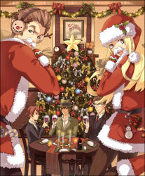 Rule 34 | 00s, 2girls, 3boys, alcohol, baccano!, bad id, bad pixiv id, boots, bottle, candle, candy, candy cane, chair, christmas, christmas tree, christmas wreath, clock, cup, cupping glass, drinking glass, earmuffs, elmmoo, ennis, facial hair, fake facial hair, fake mustache, firo prochainezo, food, formal, gift, glasses, hat, indoors, isaac dian, looking at viewer, looking back, maiza avaro, miria harvent, multiple boys, multiple girls, mustache, necktie, open mouth, pantyhose, sack, santa costume, santa hat, snowman, table, vest, wine, wine bottle, wine glass, wreath