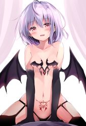 Rule 34 | 1girl, :d, ahoge, alternate costume, arm support, backlighting, bare shoulders, bat wings, black garter straps, black gloves, black panties, black thighhighs, blush, breasts, breasts apart, collarbone, commentary request, cowboy shot, crossed bangs, curtains, elbow gloves, garter straps, gloves, hair between eyes, head tilt, heart, heart tattoo, highres, huge ahoge, hyurasan, light purple hair, looking at viewer, low wings, navel, no headwear, nose blush, o-ring, o-ring bottom, o-ring panties, open mouth, panties, pubic tattoo, red eyes, remilia scarlet, revealing clothes, short hair, simple background, sitting, skindentation, small breasts, smile, solo, stomach, tattoo, thighhighs, thighs, touhou, underwear, white background, wings