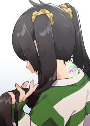 Rule 34 | 1girl, black hair, commentary, eyes visible through hair, from behind, gradient background, hair ornament, hair scrunchie, hand in own hair, highres, holding, holding own hair, hologram, idolmaster, idolmaster cinderella girls, long hair, matoba risa, muchi maro, nape, scrunchie, sidelocks, sleeves past wrists, solo, striped clothes, striped sweater, sweater, symbol-only commentary, translated, twintails, two-tone sweater, upper body