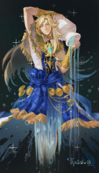 Rule 34 | 1boy, air bubble, androgynous, arm up, bishounen, blonde hair, blue eyes, blue gemstone, blue sash, blue skirt, bright pupils, bubble, capelet, character name, cropped legs, dated, expressionless, feet out of frame, final fantasy, final fantasy xiv, fringe trim, gem, green background, highres, holding jug, jug (bottle), long hair, looking at viewer, male focus, parted bangs, sash, simple background, skirt, solo, sparkle, spilling, standing, thaliak, vambraces, water, white capelet, white pupils, zmeoow