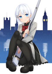 Rule 34 | 1girl, absurdres, apollo (hu maple), ass, black footwear, black pantyhose, black shirt, black skirt, blue eyes, bow, bowtie, collared shirt, commentary request, elizabeth tower, grey jacket, grey skirt, gun, hair ornament, hairclip, highres, holding, holding gun, holding weapon, jacket, long sleeves, looking at viewer, musket, pantyhose, red bow, red bowtie, reflection, shirt, shoes, siesta (tantei wa mou shindeiru), sitting, skirt, smile, solo, star (sky), star (symbol), starry background, tantei wa mou shindeiru, water, weapon, white background, white hair, x hair ornament