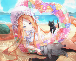 Rule 34 | 1girl, :&lt;, abigail williams (fate), abigail williams (swimsuit foreigner) (fate), abigail williams (swimsuit foreigner) (third ascension) (fate), beach, bikini, black cat, blonde hair, blue eyes, blush, bonnet, bow, bowtie, bright pupils, cat, chromatic aberration, closed mouth, cloud, commentary request, day, fate/grand order, fate (series), feet out of frame, food, fruit, grey cat, headpat, heart, innertube, jacket, long hair, looking down, lying, miya (zawarudo), on side, parted bangs, ribbon, shadow, sky, smile, solo, sparkle, swim ring, swimsuit, thighs, unworn jacket, very long hair, water, watermelon, white bikini, white bow, white bowtie, white ribbon