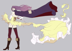 Rule 34 | 1990s (style), 1girl, boots, cape, caya, coat, dagger, dress, faris scherwiz, female focus, final fantasy, final fantasy v, flat color, full body, gloves, high heels, knife, long hair, looking back, pirate, princess, purple hair, retro artstyle, shoes, simple background, solo, thighhighs, torn clothes, weapon, wind