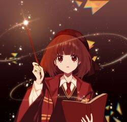 Rule 34 | 1girl, arima kana, book, cosplay, harry potter (series), hat, highres, hogwarts school uniform, holding, holding book, holding wand, jacket, looking up, magic, oshi no ko, red eyes, red hair, red hat, school uniform, short hair, solo, wand, wizarding world, xiang yu pai
