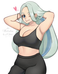 Rule 34 | 1girl, alternate costume, arms behind head, black shirt, blue eyes, bracelet, breasts, cleavage, closed mouth, commentary request, creatures (company), earrings, echizen (n fns17), game freak, heart, highres, jewelry, leggings, long hair, mature female, melony (pokemon), multicolored hair, nintendo, one eye closed, pokemon, pokemon swsh, shirt, sleeveless, sleeveless shirt, smile, solo, sports bra, streaked hair, white background