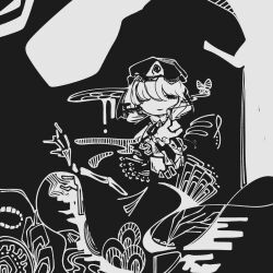 Rule 34 | 1girl, 3ma can omochi, abstract, beckoning, black theme, bone, bug, butterfly, commentary, dress, hair over one eye, half-closed eyes, hat, highres, insect, light smile, looking at viewer, mob cap, monochrome, no pupils, one eye covered, outstretched hand, saigyouji yuyuko, short hair, solo, straight-on, touhou, triangular headpiece