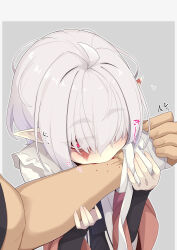 Rule 34 | 1boy, 1girl, ^^^, abelia (ogami kazuki), bandaged hand, bandages, black dress, blood, blood sucking, burn scar, dress, grey background, grey hair, hair over one eye, hands up, heart, highres, long sleeves, looking to the side, ogami kazuki, original, pointy ears, red eyes, scar, sleeves past wrists, thick eyebrows, translation request, vampire, white dress