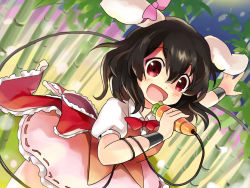 Rule 34 | 1girl, alternate costume, animal ears, bamboo, brown hair, carrot, female focus, hakiata, inaba tewi, microphone, music, open mouth, puffy sleeves, rabbit ears, red eyes, short hair, short sleeves, singing, solo, touhou, wristband