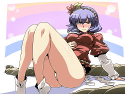 Rule 34 | 1girl, alternate breast size, angry, arm support, ass, bare legs, blush, breasts, female focus, frown, hair ornament, highres, knees, leaf, legs, medium breasts, no pants, panties, purple hair, rope, shimenawa, short hair, sitting, solo, tears, thighs, touhou, tukiwani, underwear, yasaka kanako