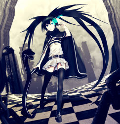 Rule 34 | 10s, 1girl, black hair, black rock shooter, black rock shooter: innocent soul, black rock shooter (character), blue eyes, boots, checkered floor, glowing, glowing eye, glowing eyes, highres, infinote, long hair, looking at viewer, nail polish, ron (black rock shooter), snake, thigh boots, thighhighs, twintails, zettai ryouiki