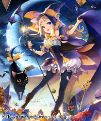 Rule 34 | 10s, 1girl, bat (animal), black pantyhose, blonde hair, blue eyes, boots, candy, cape, cat, cookie, crescent, fang, food, halloween, hat, long hair, looking at viewer, original, pantyhose, revision, salt (salty), shingeki no bahamut, short sleeves, smile, solo, staff, witch hat