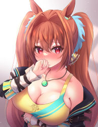 Rule 34 | 1girl, absurdres, animal ears, arm under breasts, bare shoulders, black jacket, blush, breasts, brown hair, cleavage, closed mouth, collarbone, commentary request, cosplay, daiwa scarlet (umamusume), hair between eyes, hair intakes, hand up, highres, horse ears, jacket, large breasts, looking at viewer, neko punch (user hddm3373), nose blush, off shoulder, open clothes, open jacket, red eyes, sleeves past wrists, solo, tank top, twintails, umamusume, upper body, vodka (umamusume), vodka (umamusume) (cosplay), yellow tank top