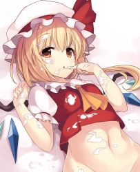 Rule 34 | 1girl, ascot, blonde hair, bottomless, chocolate, commentary, finger to mouth, flandre scarlet, food, food on clothes, food on face, food on hand, groin, hat, hat ribbon, highres, janne cherry, looking at viewer, mob cap, navel, out-of-frame censoring, puffy short sleeves, puffy sleeves, revision, ribbon, shirt, short sleeves, side ponytail, solo, suggestive fluid, toned, touhou, vest, white chocolate, white day, wings