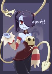 Rule 34 | 1girl, bare shoulders, blue hair, blue skin, breasts, cleavage, colored skin, detached collar, detached sleeves, full body, hair over one eye, highres, leviathan (skullgirls), long skirt, medium breasts, purple hair, side ponytail, skirt, skull, skullgirls, squigly (skullgirls), stitched mouth, stitches, striped, striped sleeves, suitti, zombie