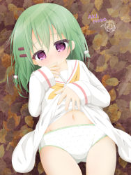 Rule 34 | 1girl, absurdres, autumn leaves, blonde dog girl (ri-net), blush, braid, brown neckerchief, character watermark, clothes lift, commentary request, dress, dress lift, green hair, groin, hair between eyes, hair ornament, hairclip, highres, lifting own clothes, long hair, long sleeves, looking at viewer, lying, navel, neckerchief, on back, original, panties, polka dot, polka dot panties, purple eyes, ri-net, romaji text, sailor collar, sailor dress, single braid, sleeves past wrists, solo, underwear, white dress, white panties, white sailor collar