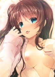 Rule 34 | 1girl, :p, akahito, aqua eyes, bad id, bad pixiv id, blue eyes, blurry, blush, breasts, brown hair, collarbone, collared shirt, depth of field, dress shirt, eyebrows, hair between eyes, licking, licking finger, light particles, long hair, long sleeves, looking at viewer, lying, nipples, no bra, on back, one side up, open clothes, open shirt, pointing, pointing at self, shade, shirt, sleeves past wrists, solo, tamasaka makoto, tokyo 7th sisters, tongue, tongue out, unbuttoned, unbuttoned shirt, upper body, white shirt