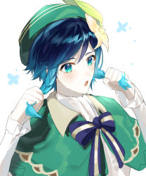 Rule 34 | 1boy, :o, absurdres, black hair, blue eyes, blue hair, blush, bow, bowtie, braid, capelet, flower, genshin impact, gradient hair, green hat, hat, highres, holding, holding own hair, kkopoli, long sleeves, male focus, multicolored hair, open mouth, simple background, solo, twin braids, upper body, venti (genshin impact), white background