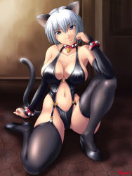 Rule 34 | 1girl, animal ears, bell, neck bell, breasts, cat ears, cat tail, cleavage, collar, garter straps, high heels, highres, kagehara hanzou, kneeling, large breasts, latex, legs, lingerie, purple eyes, shoes, short hair, silver hair, solo, tail, thighhighs, thighs, underwear