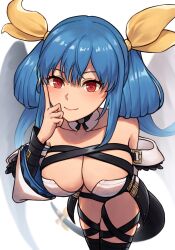 Rule 34 | 1girl, bare shoulders, blue hair, breasts, cleavage, dizzy (guilty gear), guilty gear, guilty gear xrd, hand on own face, highres, index finger raised, large breasts, leaning forward, linhm0715, long hair, long sleeves, looking at viewer, red eyes, smile, thighs, twintails, very long hair, white background, wide sleeves