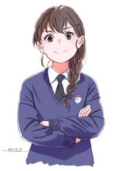 Rule 34 | 1girl, artist name, black bow, black necktie, black ribbon, blue sweater, bow, braid, brown eyes, brown hair, closed mouth, commentary, cropped torso, crossed arms, dated, dress shirt, emblem, girls und panzer, hair bow, hair ornament, hair over shoulder, hair ribbon, hairclip, horikou, long hair, long sleeves, looking at viewer, necktie, one-hour drawing challenge, ribbon, rukuriri (girls und panzer), school uniform, shirt, signature, simple background, single braid, smirk, smug, solo, st. gloriana&#039;s (emblem), st. gloriana&#039;s school uniform, sweater, upper body, v-neck, white background, white shirt, wing collar