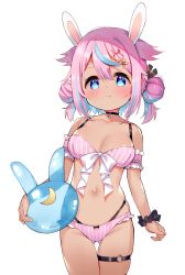 Rule 34 | 1girl, absurdres, animal ears, bare shoulders, bikini, black scrunchie, blue eyes, blue hair, blush, bow, breasts, cleavage, closed mouth, commentary request, crescent, double bun, frilled bikini, frills, gluteal fold, groin, hair between eyes, hair bun, hair ornament, hairclip, highres, holding, indie virtual youtuber, looking at viewer, medium breasts, meito (maze), mitsuki shio, multicolored hair, navel, pink bikini, pink hair, rabbit ears, rabbit hair ornament, scrunchie, simple background, solo, streaked hair, striped bikini, striped clothes, swimsuit, tan, thigh gap, transparent, two-tone hair, vertical-striped bikini, vertical-striped clothes, virtual youtuber, white background, white bow, wrist scrunchie, x hair ornament