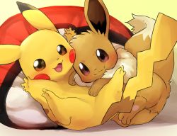 Rule 34 | :3, arms up, blush, blush stickers, closed mouth, creatures (company), dagashi (daga2626), eevee, full body, game freak, gen 1 pokemon, happy, looking at viewer, lying, nintendo, on back, on side, open mouth, outstretched arms, pikachu, pillow, poke ball theme, pokemon, pokemon (creature), smile, spread legs