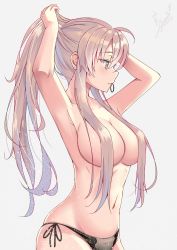 Rule 34 | 1girl, armpits, azur lane, black panties, breasts, collarbone, cowboy shot, dated, enterprise (azur lane), groin, hair ornament, hair over breasts, hair tie in mouth, highres, holding, holding own hair, large breasts, light particles, long hair, looking afar, mouth hold, navel, panties, purple eyes, quin (himegata alice), side-tie panties, signature, silver hair, simple background, skindentation, solo, stomach, topless, underwear, very long hair