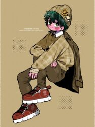 Rule 34 | 1boy, absurdres, all might, alternate costume, alternate skin color, anna (aannnaa3), arm on knee, arm rest, bakugou katsuki, beanie, blush, boku no hero academia, brown pants, casual, character name, character sticker, closed mouth, collared shirt, colored skin, commentary, cross-laced footwear, eyebrows hidden by hair, fingernails, freckles, from side, full body, green eyes, green hair, hair between eyes, hands up, hat, highres, invisible chair, jacket, jacket on shoulders, knee up, light brown background, looking at viewer, looking to the side, male focus, midoriya izuku, outstretched arm, pants, pink nails, pink skin, plaid, plaid sweater, polka dot, red footwear, shirt, shoes, short hair, sitting, sleeves past wrists, smile, sneakers, solo, split mouth, sticker, sweater, white shirt, wing collar