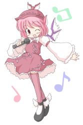 Rule 34 | 1girl, animal ears, blush, dress, female focus, geetsu, hat, microphone, music, musical note, mystia lorelei, one eye closed, open mouth, outstretched arm, pink eyes, pink hair, pink thighhighs, quaver, shoes, short hair, simple background, singing, solo, thighhighs, touhou, white background, wide sleeves, wings, wink, zettai ryouiki