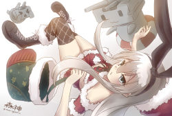 Rule 34 | &gt; &lt;, 10s, 1girl, :3, alternate costume, boots, brown footwear, christmas, closed eyes, cross-laced footwear, fur boots, hairband, kantai collection, lace-up boots, lifebuoy, long hair, morigami (morigami no yashiro), navel, pleated skirt, rensouhou-chan, santa costume, shimakaze (kancolle), silver hair, skirt, swim ring, thighhighs, triangle mouth, twitter username, | |