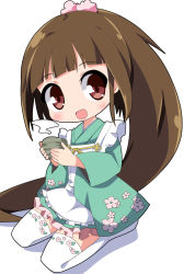 Rule 34 | 1girl, :d, apron, blush, brown eyes, brown hair, commentary request, floral print, frilled apron, frills, full body, green kimono, head tilt, holding, japanese clothes, kimono, long hair, long sleeves, looking at viewer, open mouth, osaragi mitama, oshiro project:re, oshiro project:re, ponytail, print kimono, print thighhighs, seiza, sitting, smile, solo, steam, thighhighs, very long hair, white apron, white background, white thighhighs, wide sleeves, yoita (oshiro project)