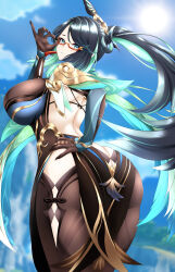Rule 34 | 1girl, absurdres, ass, black hair, blue eyes, bodysuit, breasts, butt crack, cloud retainer (genshin impact), detached sleeves, from behind, from below, genshin impact, glasses, gloves, green hair, hair ornament, highres, large breasts, leaning, leaning forward, long hair, looking at viewer, looking back, mhaknow, ponytail, sideboob, skin tight, solo, very long hair, xianyun (genshin impact)