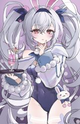 Rule 34 | 1girl, animal ears, azur lane, blue leotard, blue ribbon, blush, breasts, cocktail glass, covered navel, crossed bangs, cup, drinking glass, drinking straw, fake animal ears, food, fruit, gluteal fold, groin, hair ribbon, hands up, highres, holding, holding tray, laffey (azur lane), laffey ii (azur lane), laffey ii (sleepy on a busy day) (azur lane), lemon, lemon slice, leotard, long hair, long sleeves, looking at viewer, official alternate costume, pantyhose, parted lips, playboy bunny, rabbit ears, red eyes, ribbon, small breasts, solo, tray, twintails, white hair, white pantyhose, xin hong
