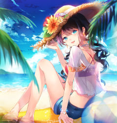 Rule 34 | 1girl, :d, arm up, ball, beach, beachball, bikini, bikini top only, black hair, blue eyes, blue flower, blue shorts, blue sky, blurry, blurry foreground, blush, cloud, day, depth of field, dutch angle, earrings, flower, food, fruit, hair between eyes, hand on headwear, hat, hat flower, horizon, jewelry, long hair, looking at viewer, looking to the side, ocean, open mouth, orange flower, original, outdoors, palm tree, purple flower, red bikini, red flower, sand, see-through, shinia, shirt, short shorts, short sleeves, shorts, sitting, sky, smile, solo, strawberry, summer, swimsuit, transparent, tree, very long hair, water, white shirt, wide sleeves