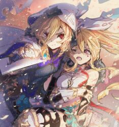 Rule 34 | 2girls, alex (dragalia lost), bare shoulders, battlefield, blonde hair, clip studio paint (medium), closed mouth, dagger, dragalia lost, elisanne, hair between eyes, highres, holding, holding dagger, holding knife, holding weapon, hood, hood up, knife, long hair, looking at viewer, multiple girls, official alternate costume, one eye closed, open mouth, pink hair, pokira, ponytail, red eyes, twitter username, weapon