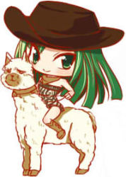 Rule 34 | 1girl, achiba, bare shoulders, bisca mulan, boots, chibi, cowboy hat, dress, fairy tail, green eyes, green hair, happy, hat, llama, long hair, looking at viewer, lowres, matching hair/eyes, neckerchief, reins, riding, sleeveless, smile, solo