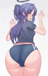 Rule 34 | 1girl, ass, black shirt, blue archive, blue buruma, blue eyes, blush, buruma, commentary, gym uniform, halo, highres, kuavera, long hair, looking at viewer, looking back, official alternate costume, open mouth, parted bangs, ponytail, purple hair, shirt, short sleeves, simple background, solo, thigh gap, thighs, white background, yuuka (blue archive), yuuka (track) (blue archive)