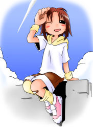 Rule 34 | 1girl, ;d, bandaid, bandaid on knee, bandaid on leg, black eyes, blush, brown hair, contrail, day, fang, loose thighhigh, marunos, one eye closed, open mouth, short sleeves, shorts, sitting, sky, smile, solo, thighhighs, wristband, yellow thighhighs