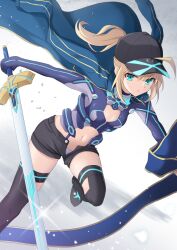Rule 34 | 1girl, ahoge, artoria pendragon (fate), baseball cap, black hat, black thighhighs, blonde hair, blue jacket, blue leotard, blue scarf, breasts, closed mouth, clothing cutout, cross (crossryou), fate/grand order, fate (series), green eyes, hair through headwear, hat, highres, himitsucalibur (fate), holding, holding sword, holding weapon, jacket, jacket on shoulders, leotard, long hair, long sleeves, looking at viewer, mysterious heroine x (fate), mysterious heroine x (third ascension) (fate), navel, ponytail, scarf, simple background, skin tight, small breasts, solo, sword, thighhighs, track jacket, weapon