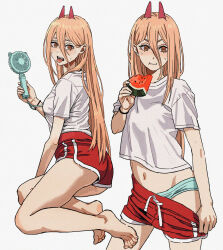Rule 34 | 1girl, aqua panties, bare legs, barefoot, blush, breasts, chainsaw man, cross-shaped pupils, demon horns, dolphin shorts, electric fan, food, fruit, hand fan, highres, holding, holding fan, holding food, holding fruit, horns, hot, light brown hair, looking at viewer, medium breasts, multiple views, navel, panties, power (chainsaw man), red shorts, sharp teeth, shiren (ourboy83), shirt, shorts, simple background, stomach, sweatdrop, symbol-shaped pupils, teeth, toes, tongue, tongue out, underwear, watermelon, white background, white shirt
