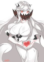Rule 34 | 10s, 1girl, abyssal ship, artist name, breasts, cleavage, colored skin, covered erect nipples, heart, heart hands, horns, kantai collection, large breasts, long hair, looking at viewer, midway princess, red eyes, sensen, simple background, solo, very long hair, white background, white hair, white skin
