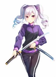 Rule 34 | 1girl, breasts, drill hair, emerane, holding, holding sword, holding weapon, idolmaster, idolmaster cinderella girls, jacket, kanzaki ranko, katana, long hair, looking at viewer, medium breasts, pants, red eyes, silver hair, simple background, solo, sportswear, sword, track jacket, track pants, twin drills, twintails, weapon, white background